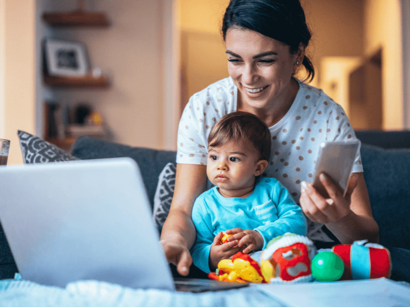 Mom working from home with baby