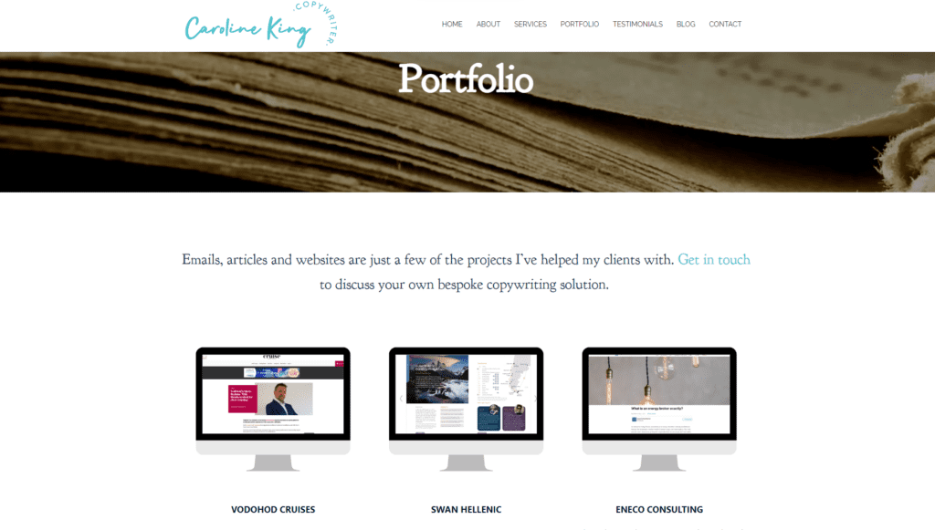 Screenshot of Caroline King Copywriting Portfolio Example