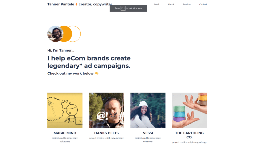 Screenshot of Tanner Pantele Copywriter Portfolio Example