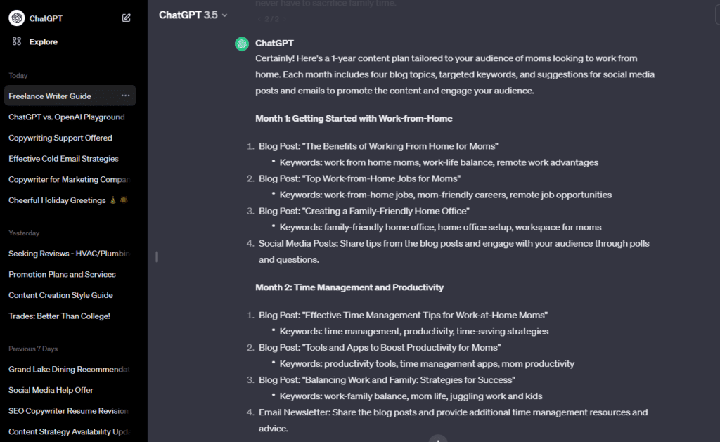 Screenshot using ChatGPT for Content Planning and Strategy